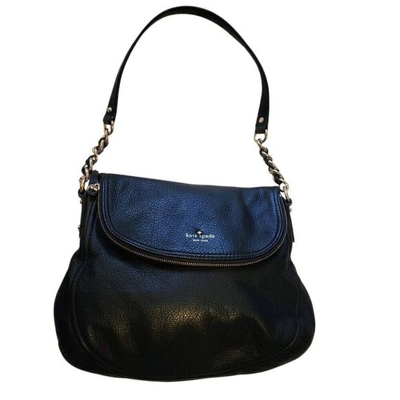 Kate Spade Black Leather Zipper Flap Chain Accent Medium Shoulder Bag - Picture 3 of 14